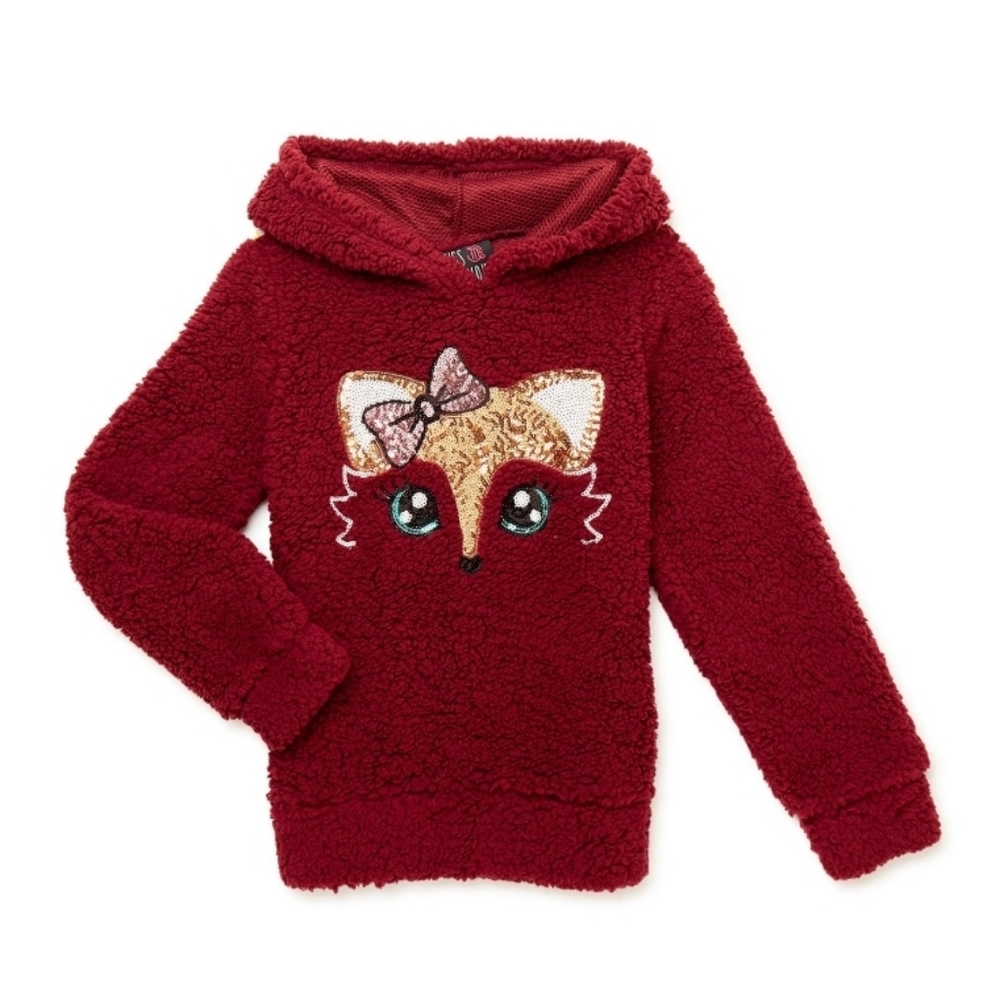 NWT Miss Chievous Girls' Sequin Critter Plush Faux Sherpa Pullover Hoodie